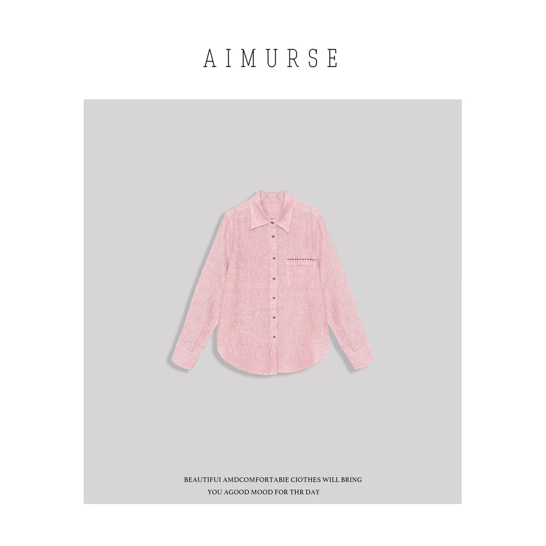 AIMURSE 【春日吟游】小众设计师 亚麻条纹百搭休闲时尚衬衫 AM6082