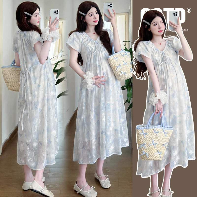 【安安】孕妇装夏季蝴蝶v领裙子中长款高级气质碎花孕妇连衣裙夏装