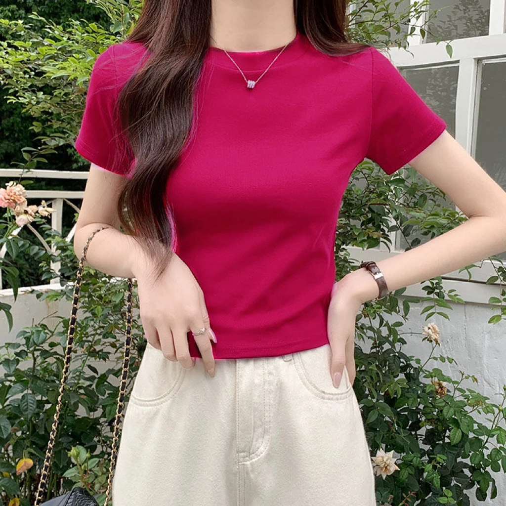 2025新款夏季纯棉短袖t恤时尚洋气上衣修身正肩小众设计感打底衫
