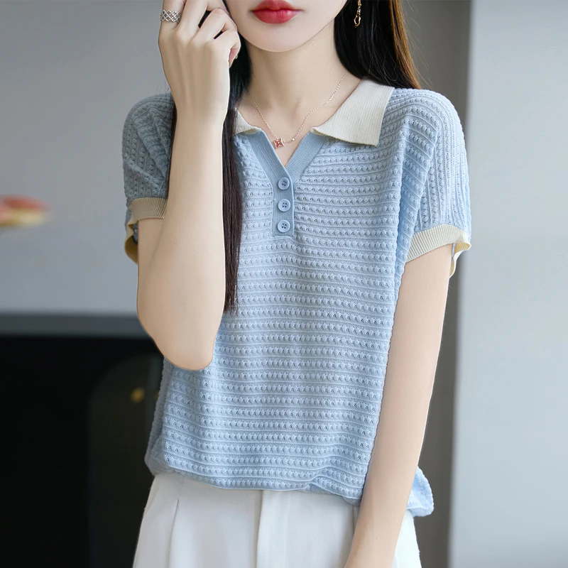 正品哥弟新款莱赛尔天丝凉爽短袖T恤女夏季气质翻领百搭宽松薄款