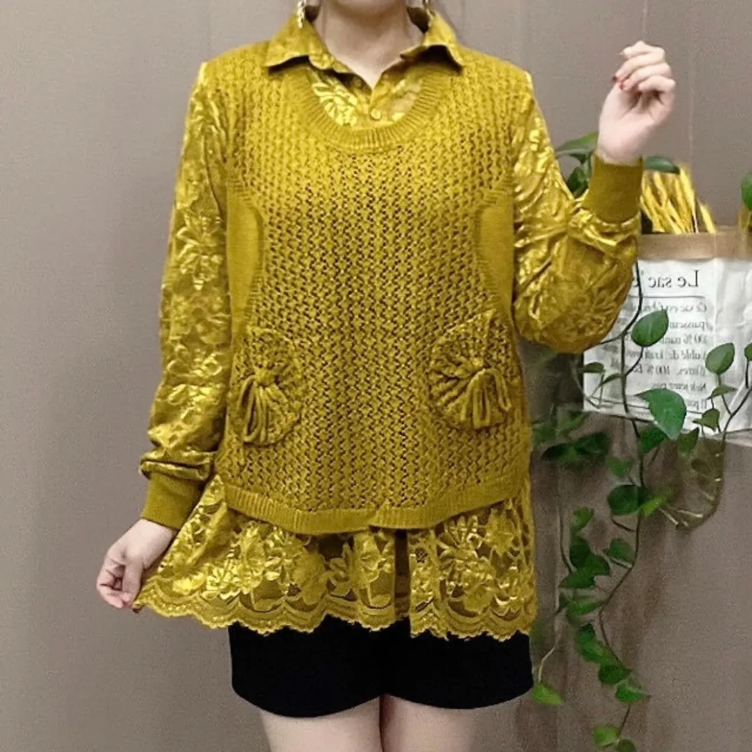 春秋新款蕾丝针织拼接中长款针织衫