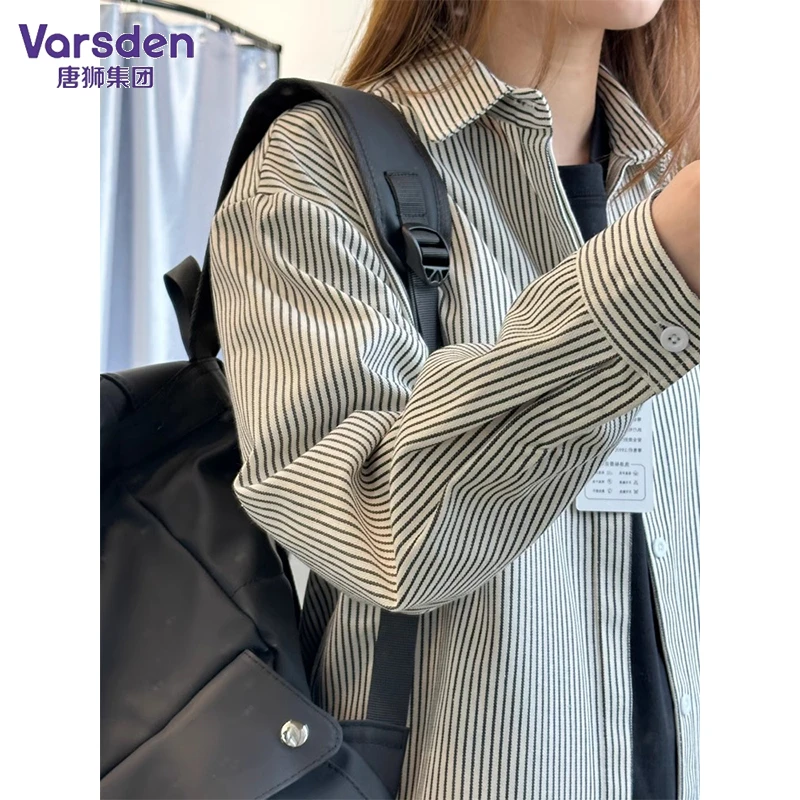 唐狮集团Varsden复古条纹长袖衬衫男春季百搭衬衫宽松休闲衬衫男