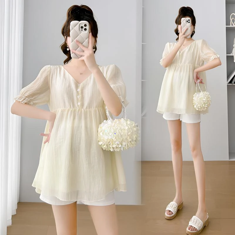 【送运费险】孕妇装女夏装休闲外出薄款短袖娃娃衫减龄洋气衬衫宽松