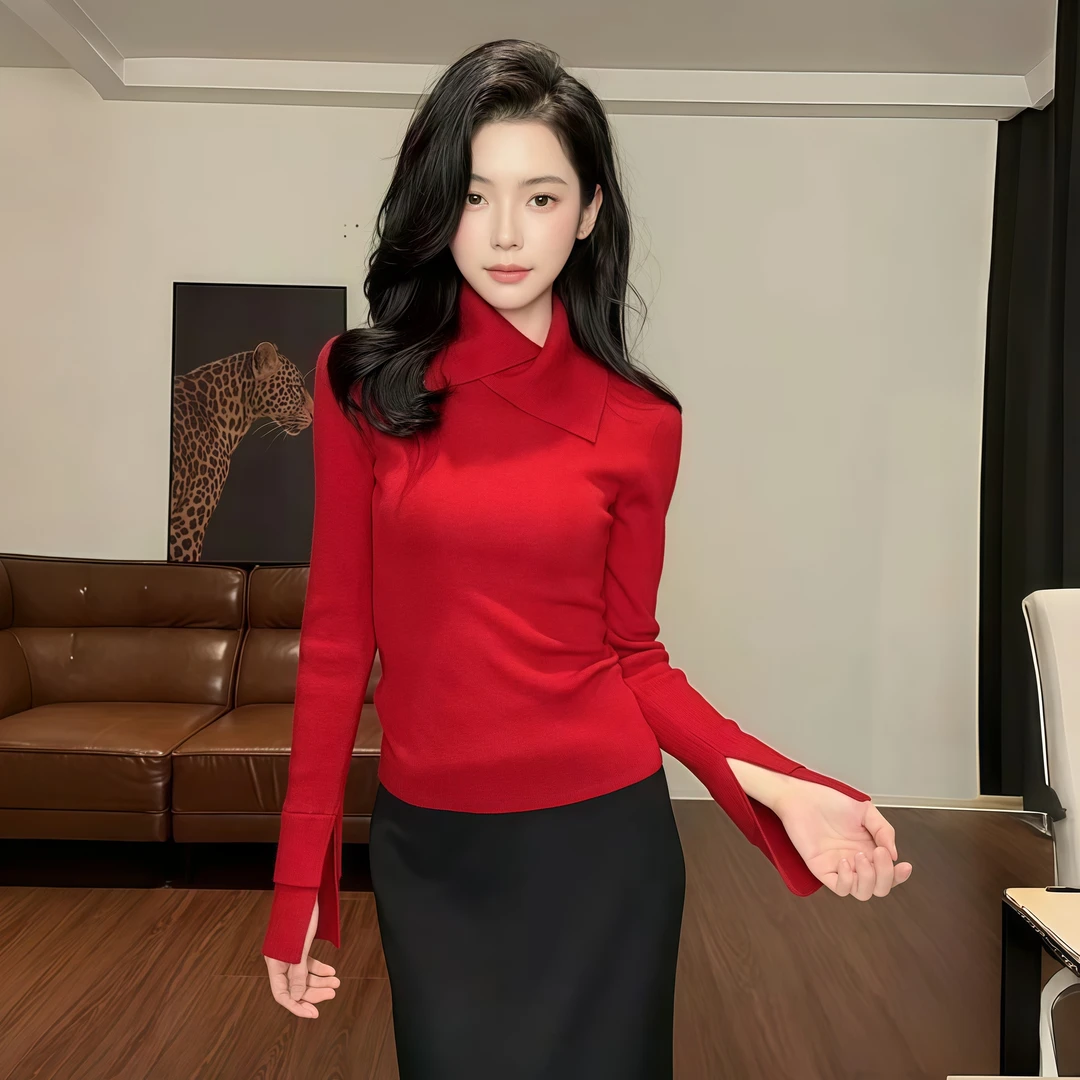 法式翻领修身长袖针织衫女2025秋冬新款设计感袖口拼接打底衫上衣