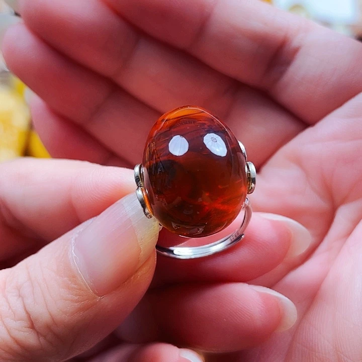 琥珀银S925镶嵌裸石戒指