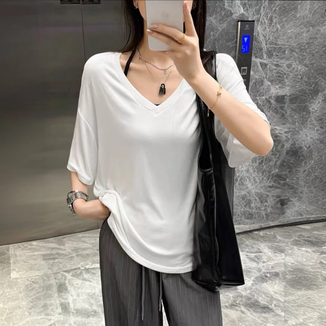 大V领水感T恤慵懒风短袖女显瘦大码宽松韩版新款夏季遮肉打底衫