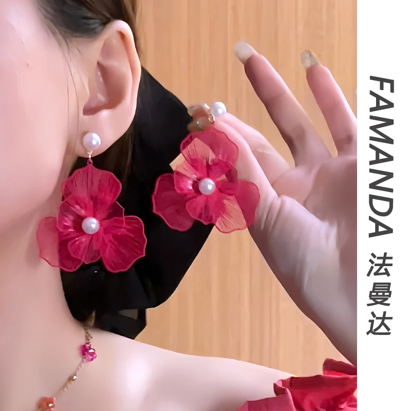 铜合金仿珍珠耳饰 【玫花艺术】花朵吊坠仙气女神风耳环