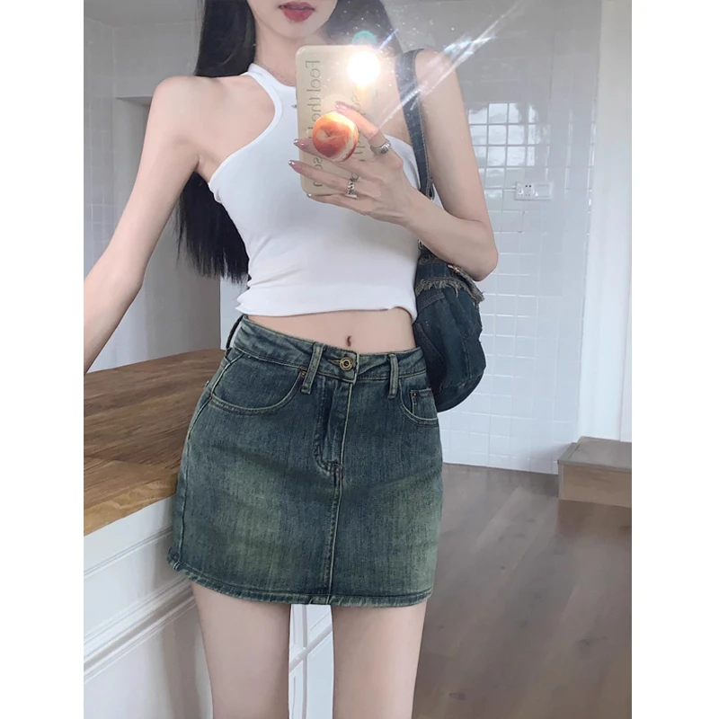 复古辣妹高腰牛仔裙女2025夏季新款美式防走光显瘦a字包臀短裙