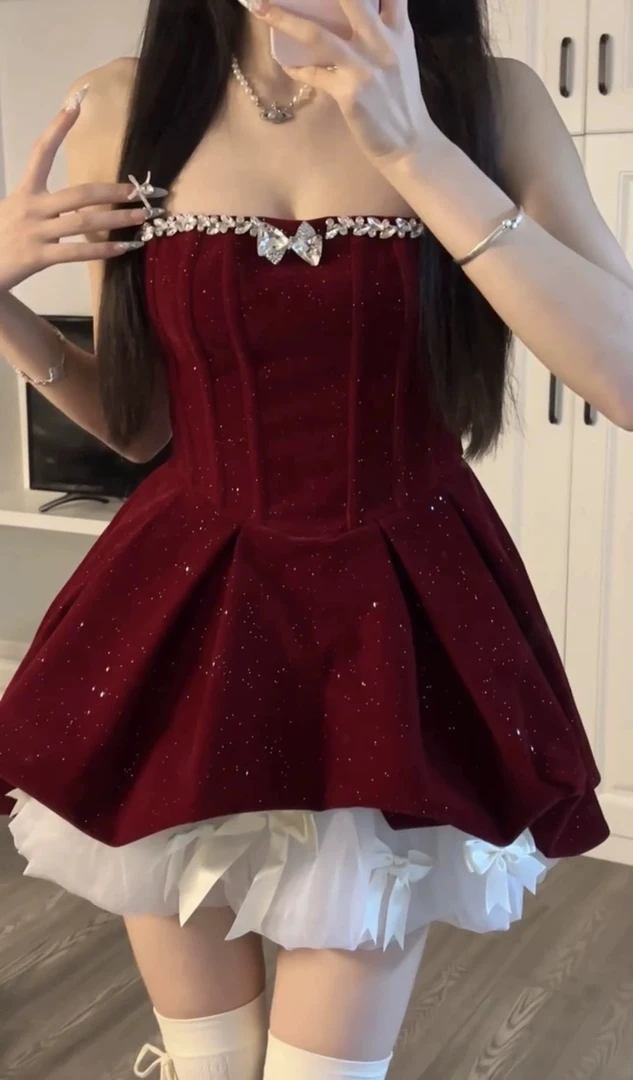 YIWANYANG 初雪 重工红丝绒抹胸生日裙子圣诞小礼裙套装8631