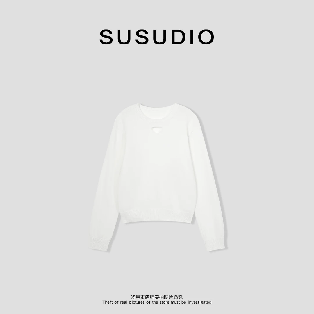 SUSUDIO① 法式镂空 新款时尚莱赛尔纯色圆领毛衣50005