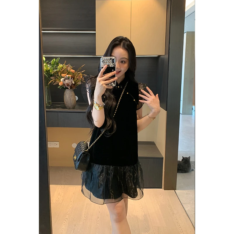 XINYI【翩翩月影】夏季新中式真丝丝绒连衣裙收腰显瘦X625Q11044