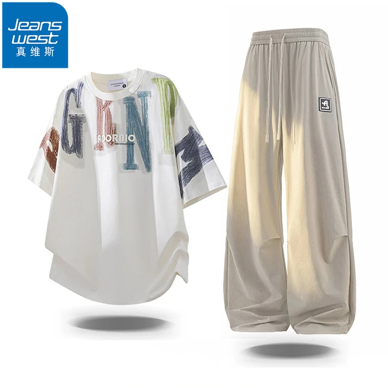 Jeanswest/真维斯透气ins短袖男休闲运动套装男T恤宽松弹性冰丝裤