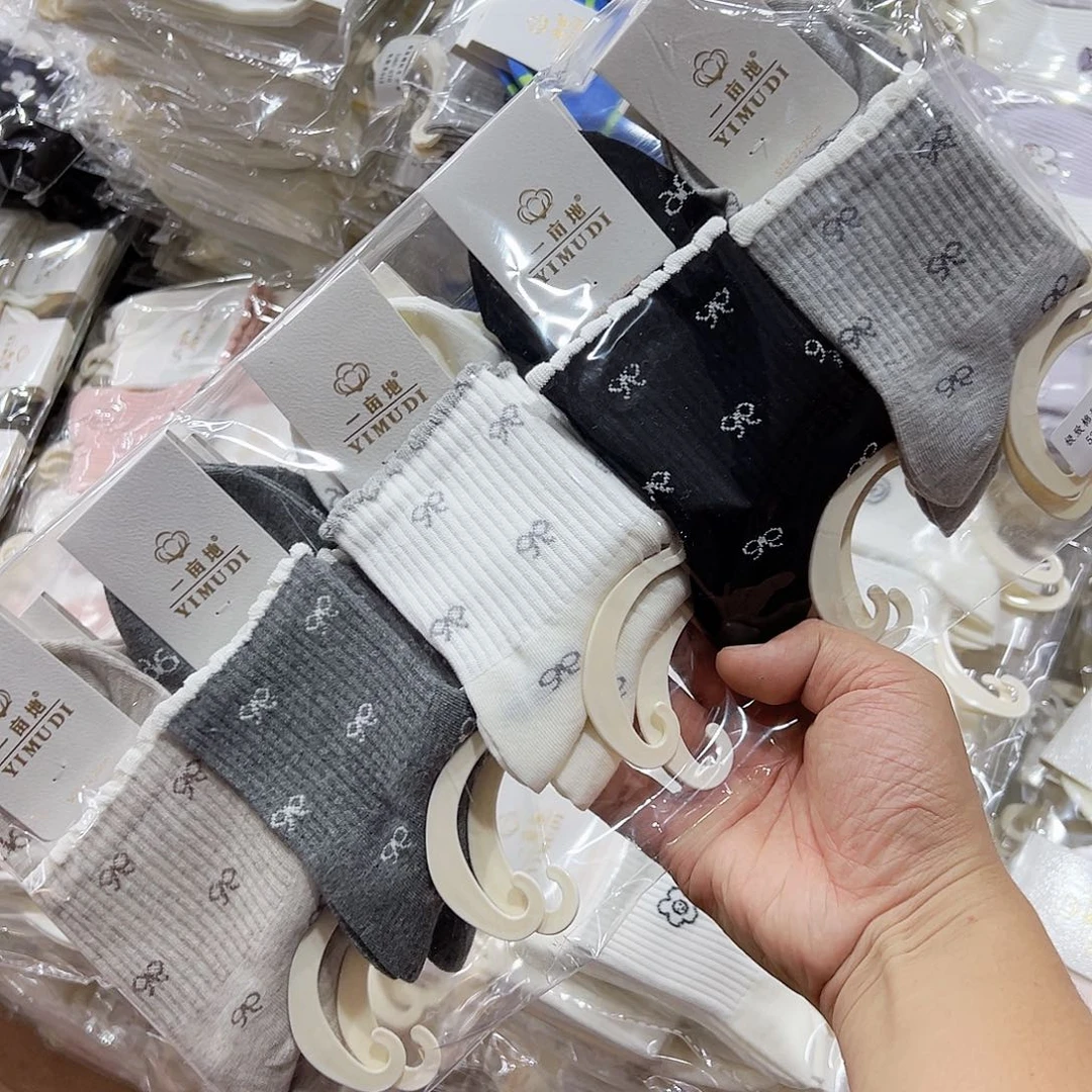 长绒棉蝴蝶结木耳边女士袜纯棉十双