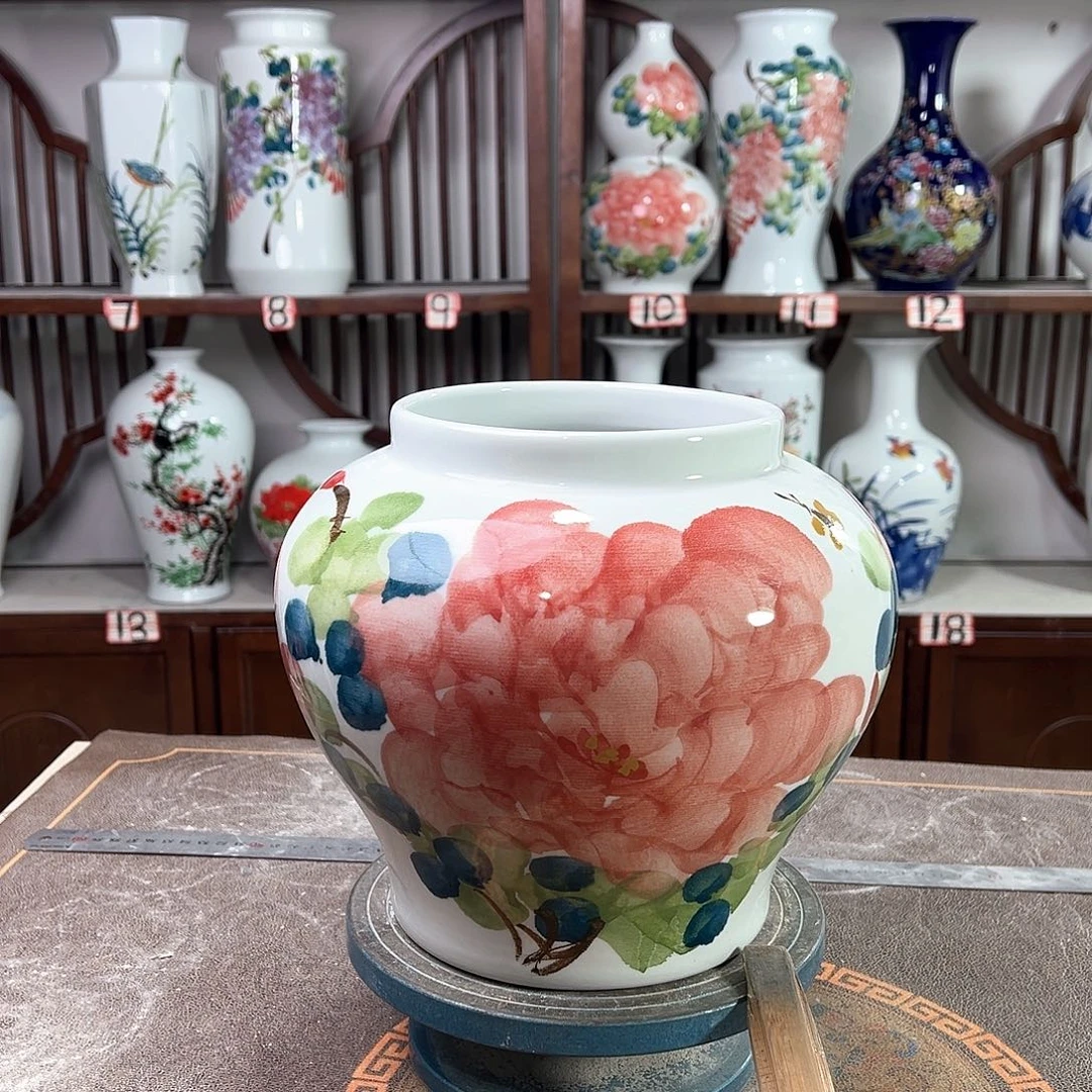陶摆件景德镇陶瓷大口红牡花