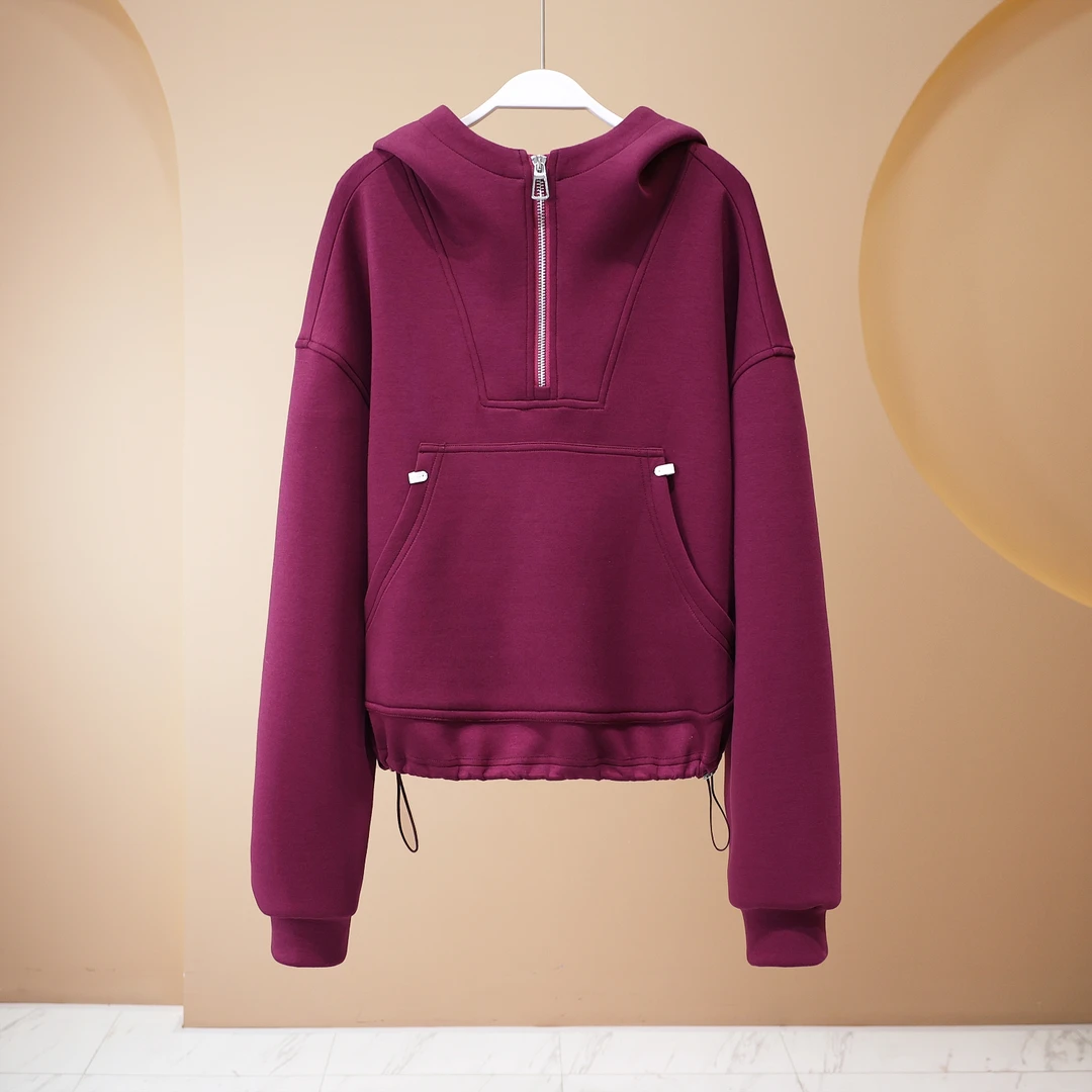 【LING哥女装】2024小众欧货系列 气质感绛紫色连帽半拉链卫衣5323A