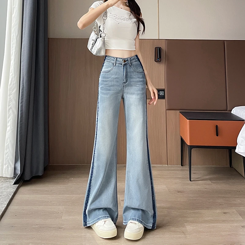 撞色喇叭拖地牛仔裤女长裤2025年春秋季新款复古宽松显瘦阔腿裤子