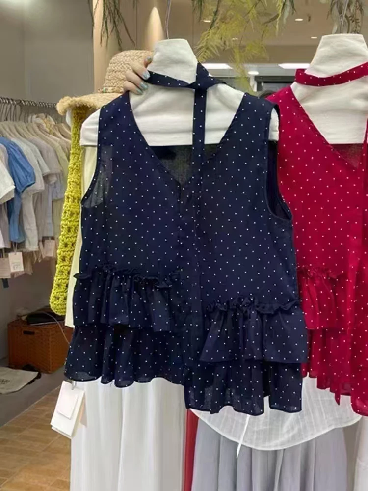 夏季波点无袖背心衬衣不规则荷叶边小个子宽松飘带挂脖上衣