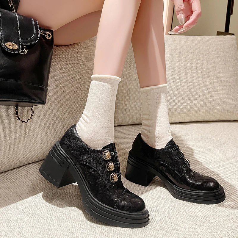 手工女鞋2025新款黑色粗跟高跟鞋女复古风厚底深口系带单鞋小皮鞋