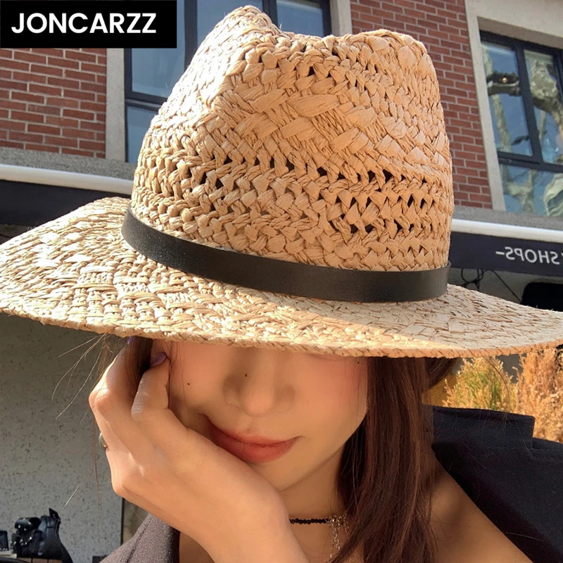 JONCARZZ大帽檐防晒镂空编织草帽遮阳夏季女爵士帽巴拿马礼帽
