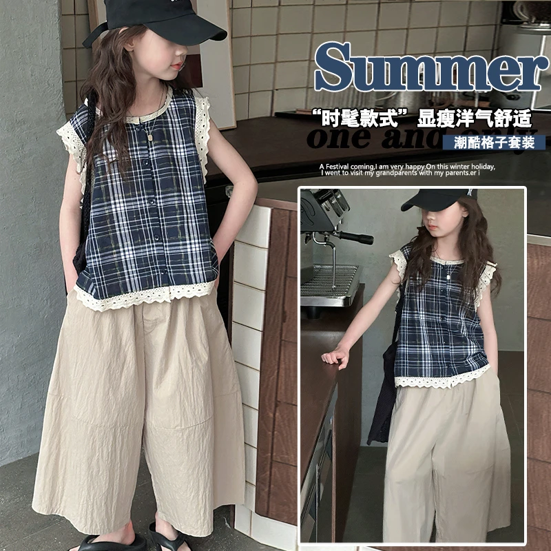 女童夏季时尚休闲套装2025新款6-12岁15岁中大儿童洋气无袖阔腿裤