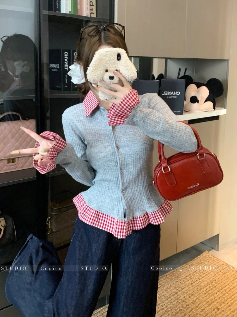 6599 撞色格子polo领假两件长袖T恤女2025早春新款修身上衣可外穿