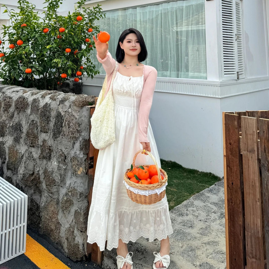 ARSENE【浅浅一夏】法式高级白色蕾丝仙女收腰吊带连衣裙-S1204