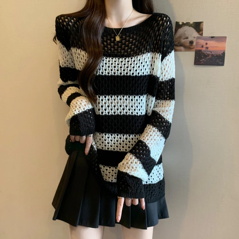黑色镂空条纹针织衫女装秋冬新款大码胖mm显瘦宽松毛衣打底衫上衣