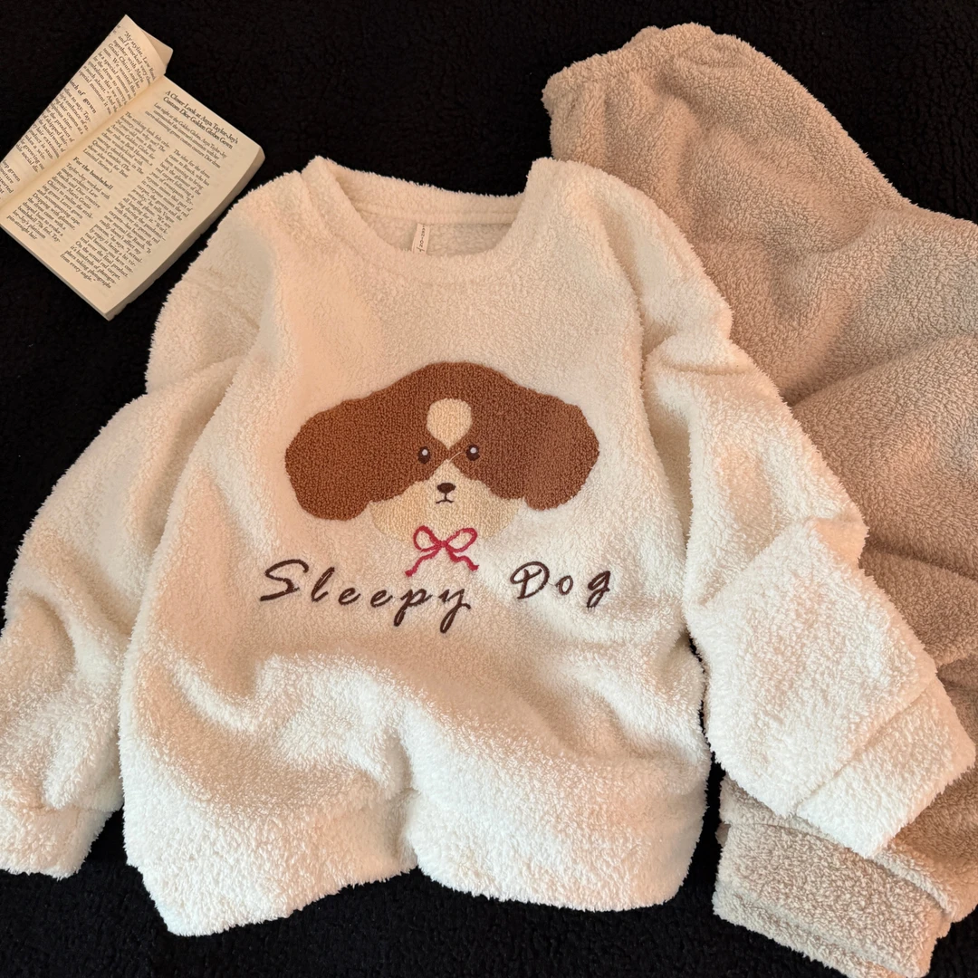 睡衣女士秋冬季仿半边绒大码加厚珊瑚绒2025新款棕耳狗家居服套装
