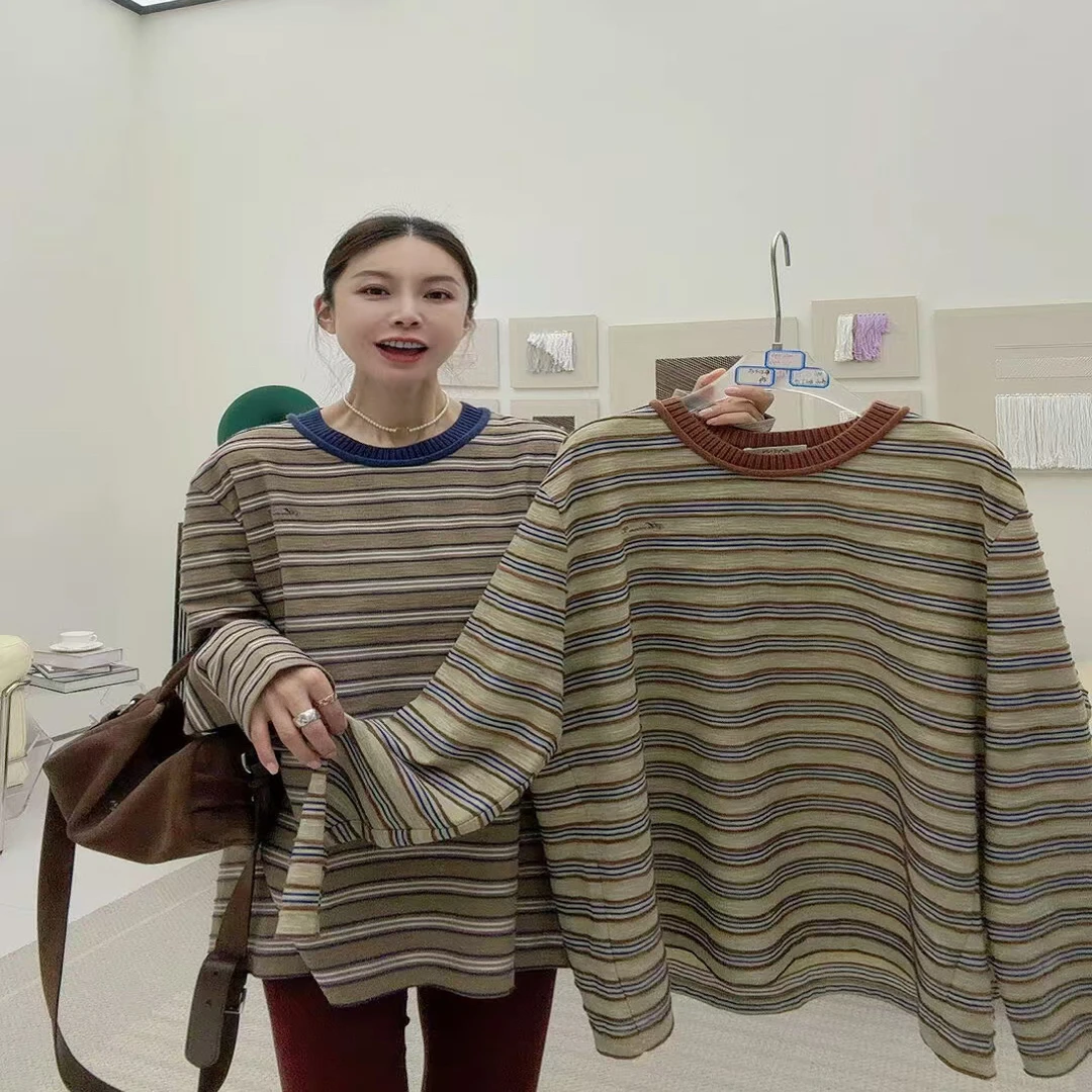 【现货】立体条纹logo撞色卷边长袖宽松T恤女一边买手店
