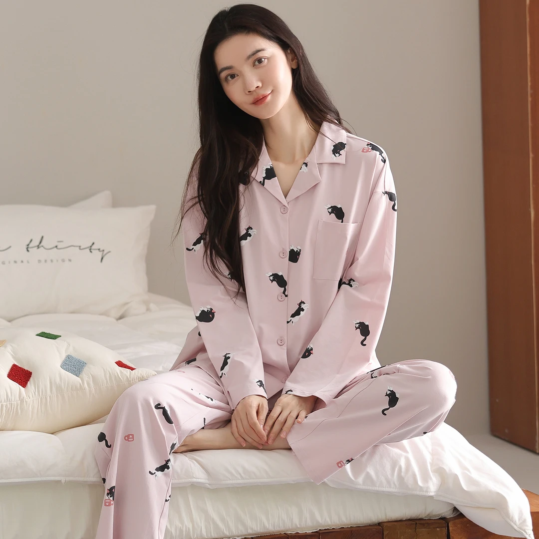 花丛丽影秋季纯棉家居服女宽松休闲慵懒风简约高级感睡衣