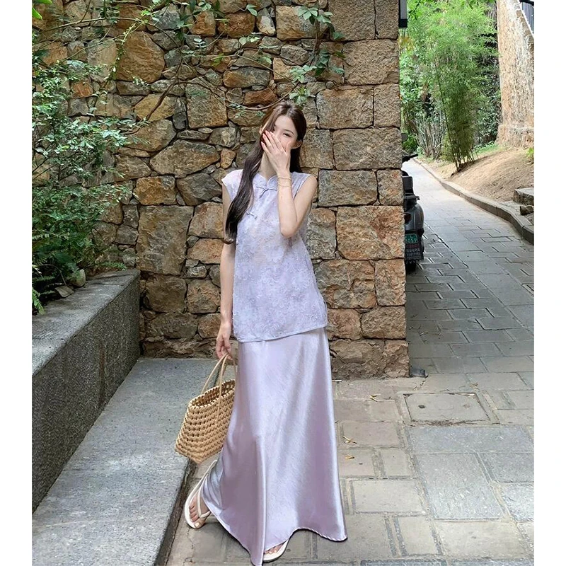 新中式立领盘扣提花无袖马甲上衣女夏季新款高腰垂感a字半身裙