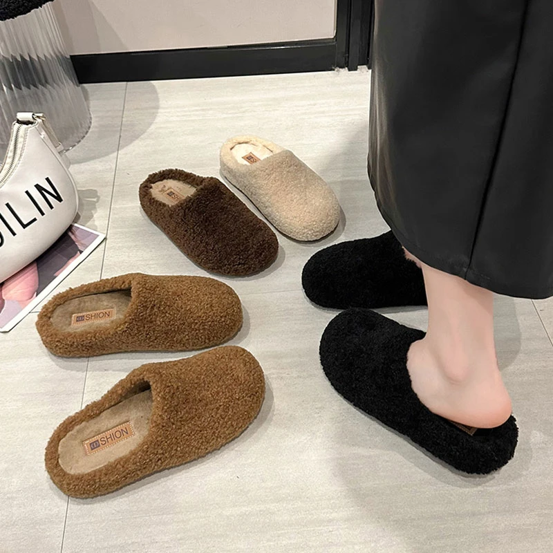 平底舒适包头毛毛拖鞋女2025秋季新款复古外穿毛绒百搭加绒半拖鞋