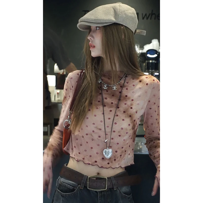 美式ins辣妹收腰波点打底衫女2025春秋新款高腰短款修身显瘦上衣