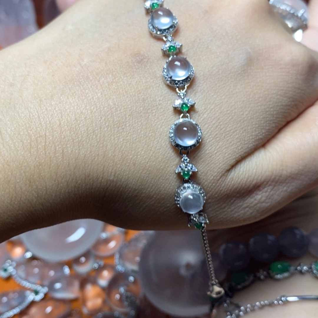 四***草石英质玉银S925镶嵌手链