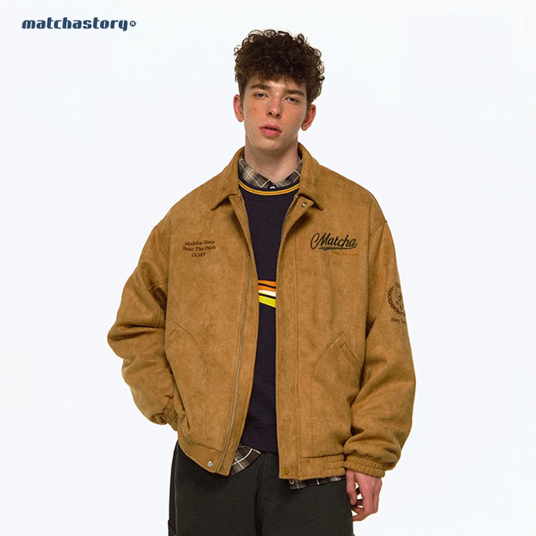 抹茶故事仿麂皮羽绒服夹克男女情侣美式冬季90白鸭绒外套保暖加厚