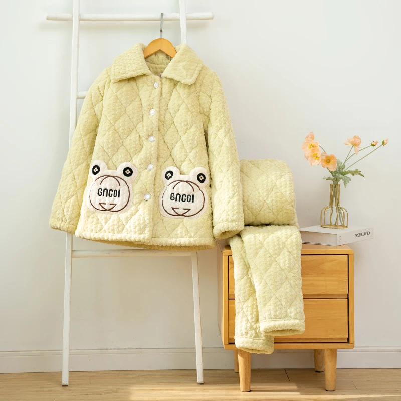 蛋糕绒娃娃领睡衣三层夹棉加厚女式冬款加绒宝宝绒新款家居服套装