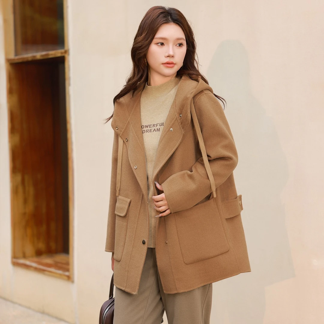 【流光风双面毛呢】MsShe大码女装冬装洋气连帽大衣外套T~M2410082