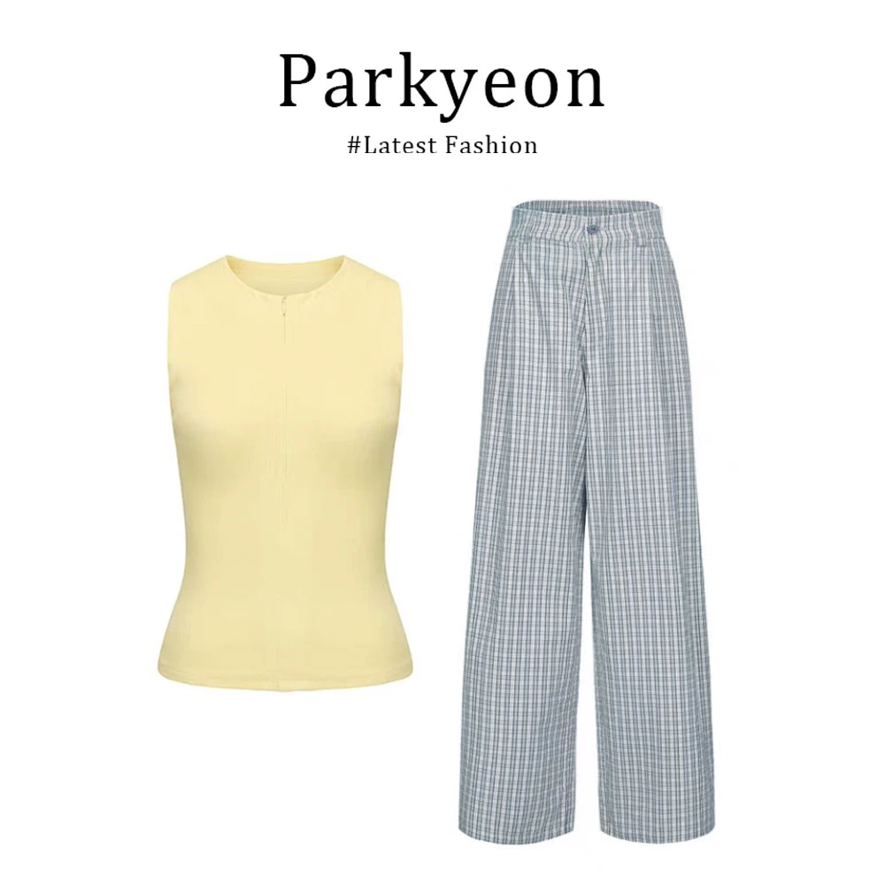 2025夏季减龄温柔拉链吊带背心女美背上衣垂感格子阔腿裤套装