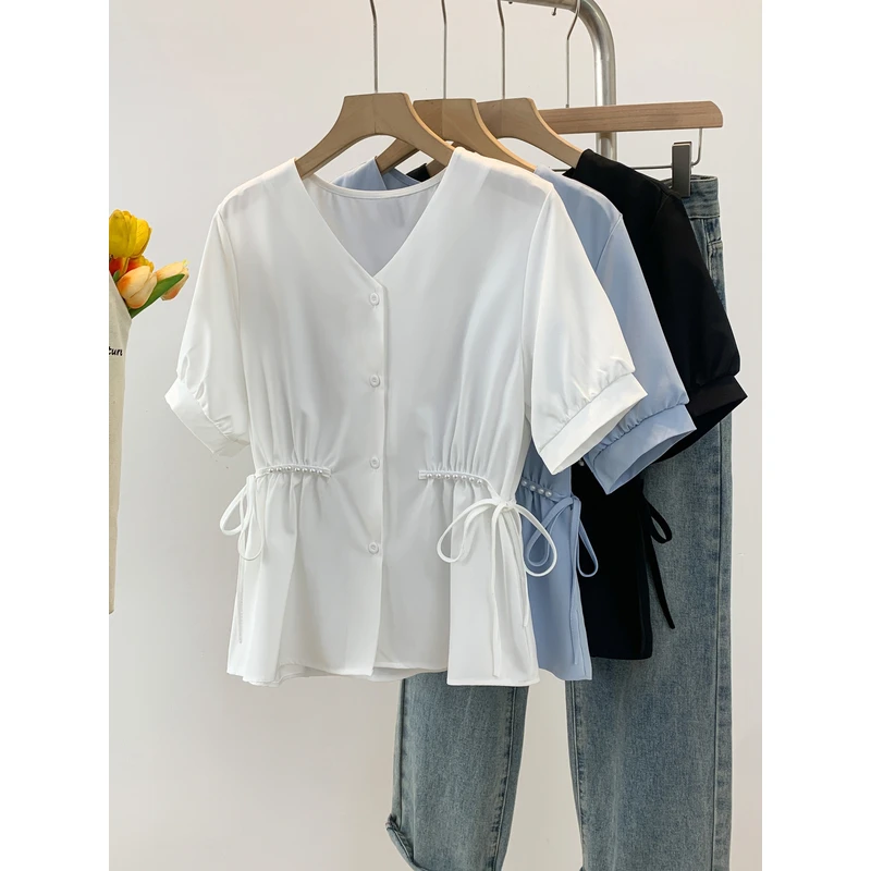 A2526衬衣短袖女夏季拼接衬衫大码小衫钉珠褶皱宽松收腰显瘦上衣