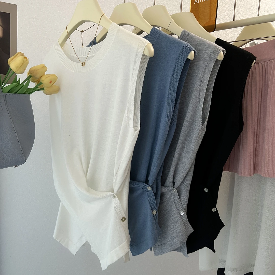 韩系冰丝针织背心女薄款夏季外穿显瘦百搭坎肩无袖交叉高级感上衣