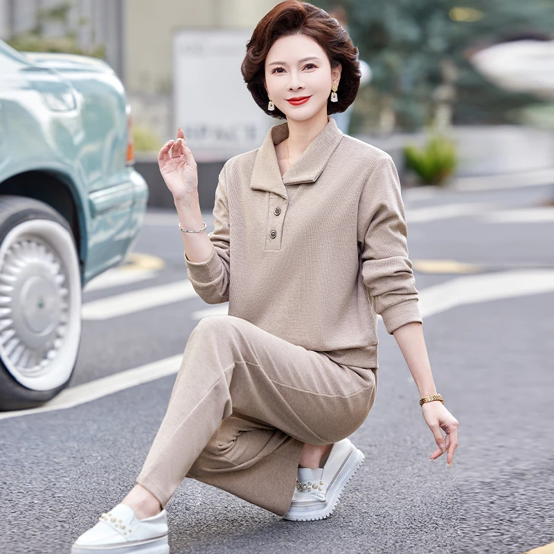 中老年妈妈时尚卫衣两件套女2025春季新款中年洋气休闲运动服套装