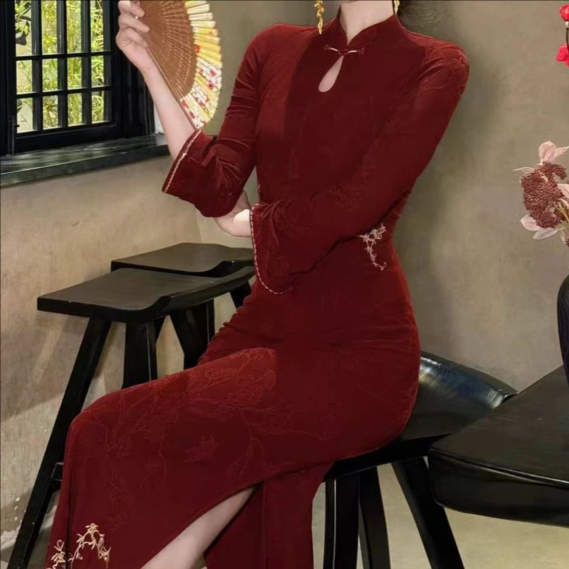 【岩心】大码女装300斤胖MM新中式复古风设计感气质长袖连衣裙804