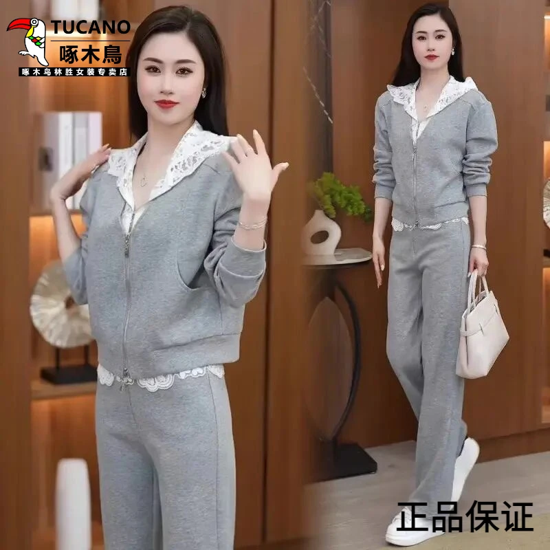 啄木鸟慵懒风时尚运动套装女士春秋新款蕾丝拼接连帽卫衣休闲长裤