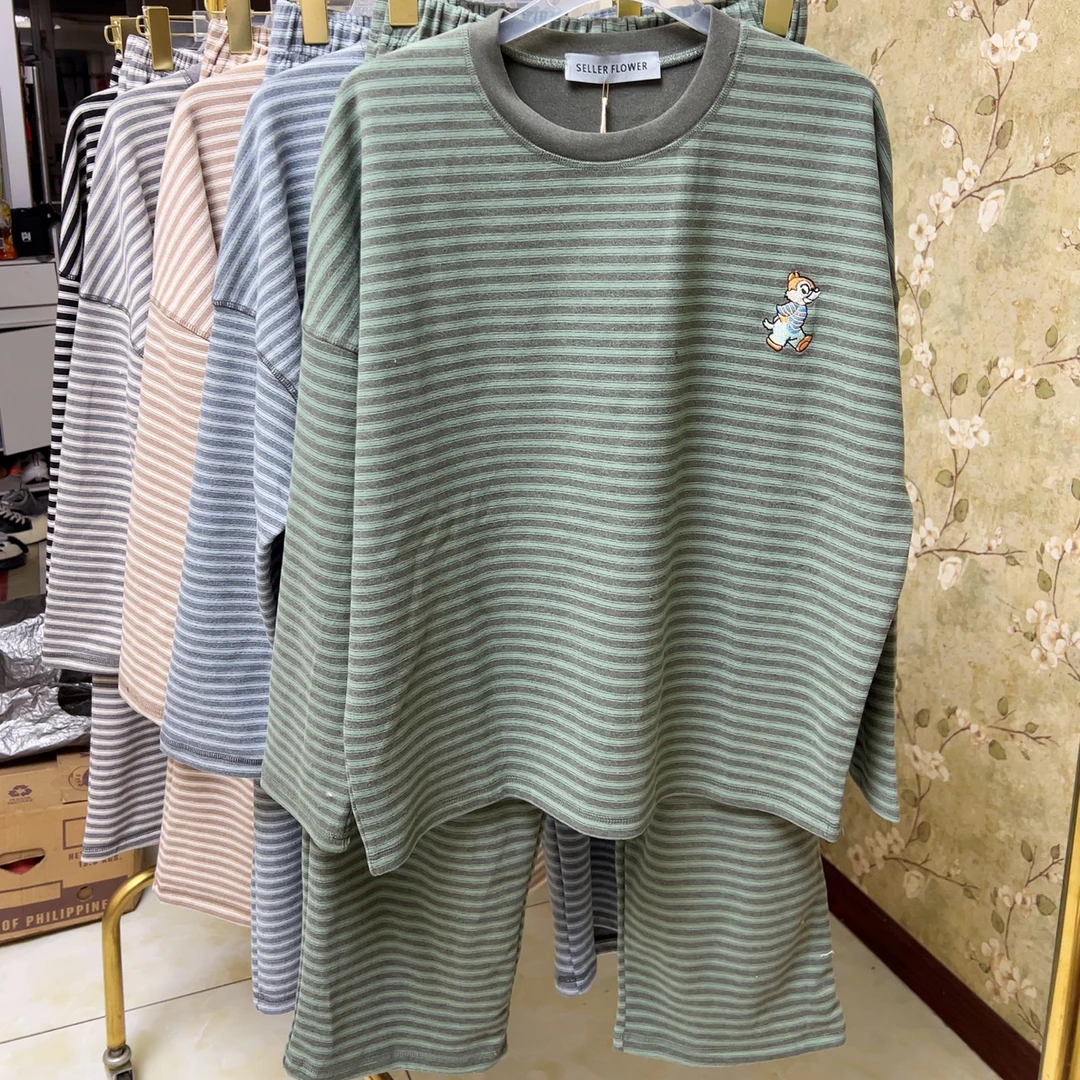 大码秋冬双面摇粒绒糯米绒条纹睡衣套装保暖韩版宽松休闲家居服外