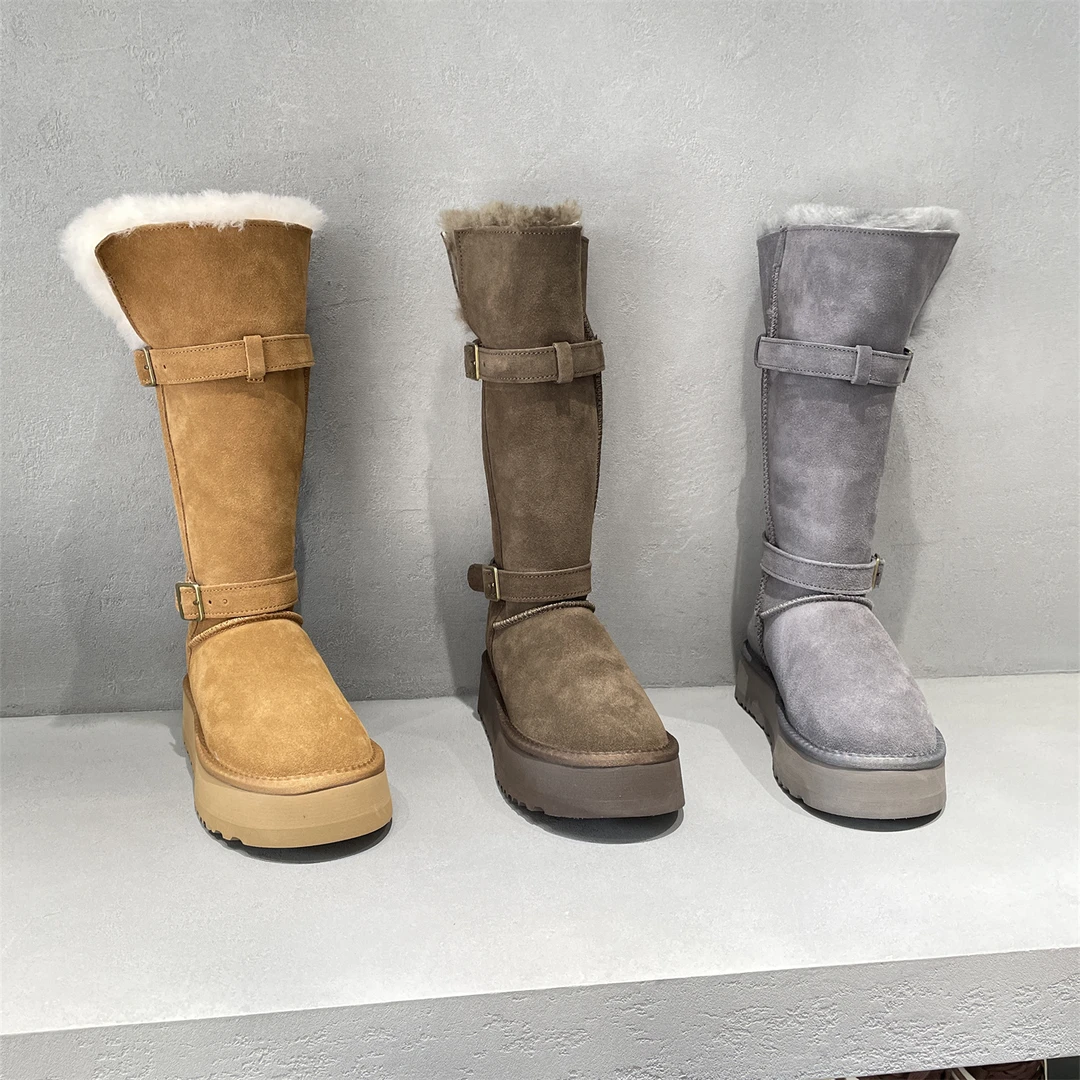 XFMD欧洲站2025冬款真皮女鞋时尚羊毛加厚磨砂皮厚底中筒雪地靴