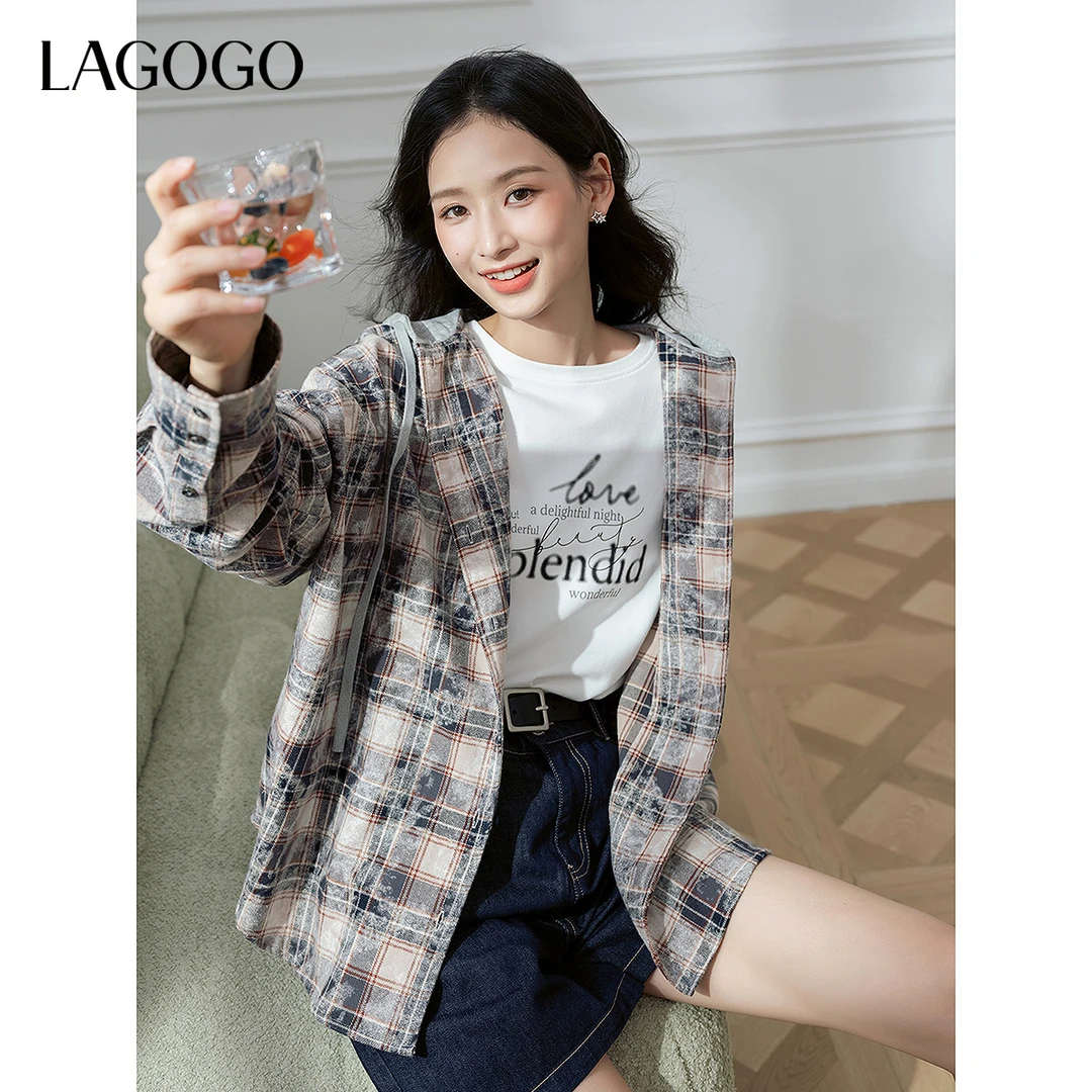 lagogo拉谷谷2025年新款废土风连帽宽松格纹衬衫女OCCC448G11
