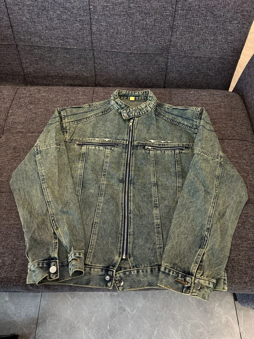 F08 美式复古做旧水洗短款拼接牛仔外套潮牌金属设计感无领夹克男