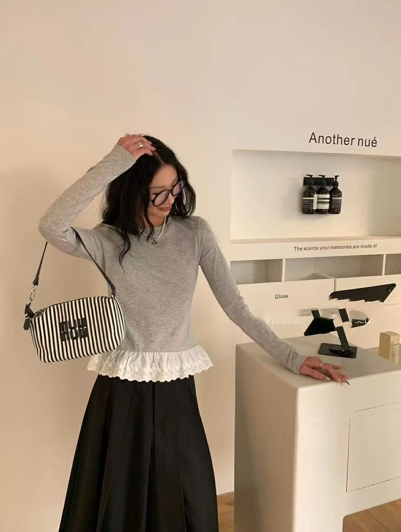 芭蕾风花边拼接德绒打底衫修身显瘦设计感小众长袖上衣