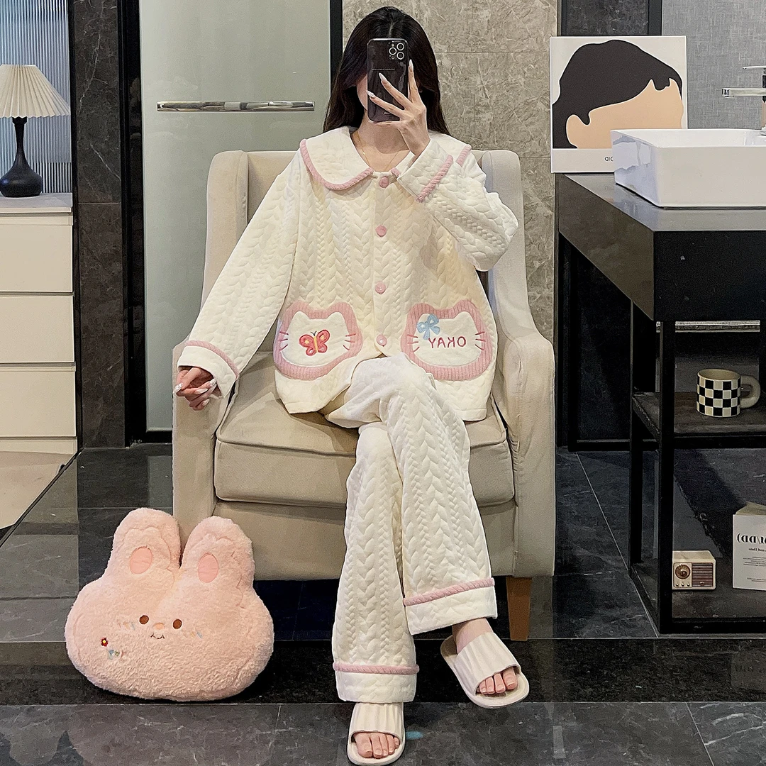 睡衣女春秋冬季长袖空气棉夹层2025新款大码粉口袋领结套装家居服