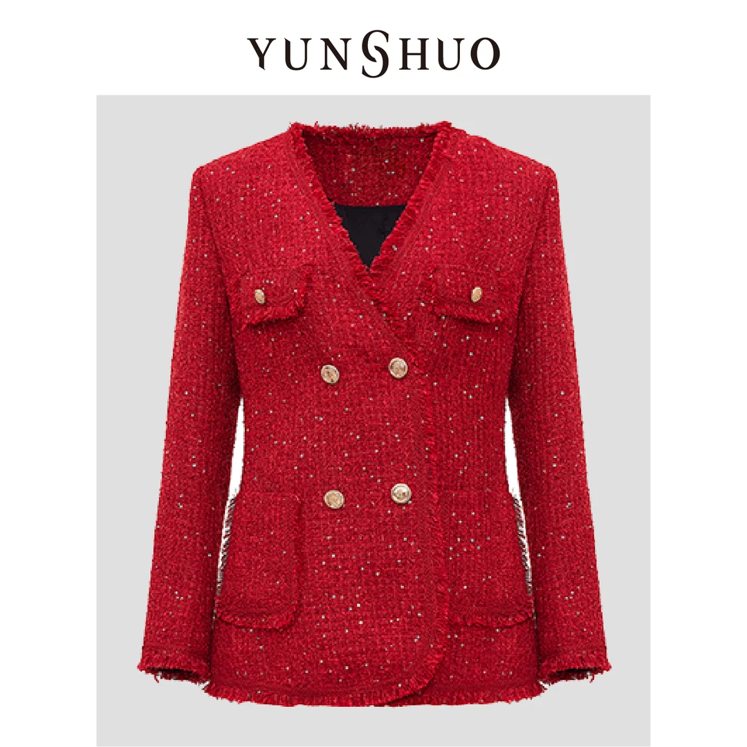 允硕春季新品红色外套春节战袍时尚小香风百搭女上衣外套456149